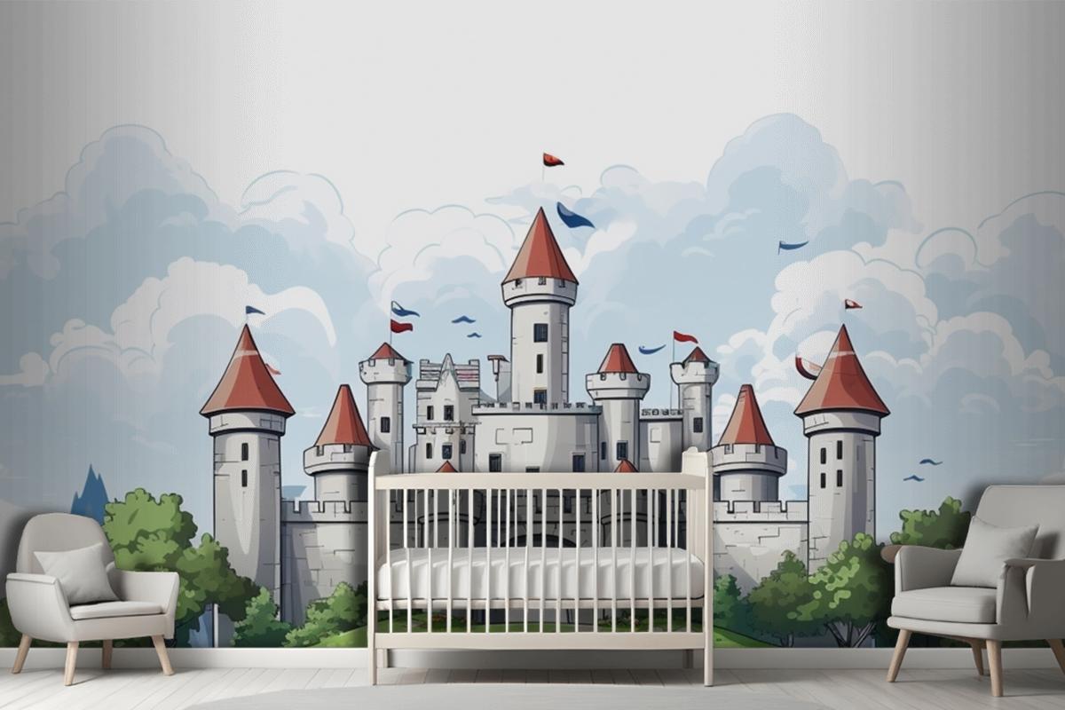 A Castle With A Flag On The Top Of It Wallpaper Mural