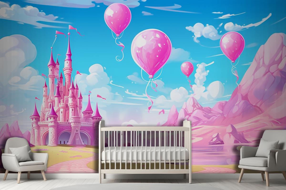 A Castle With Balloons And A Castle In The Background Wallpaper Mural