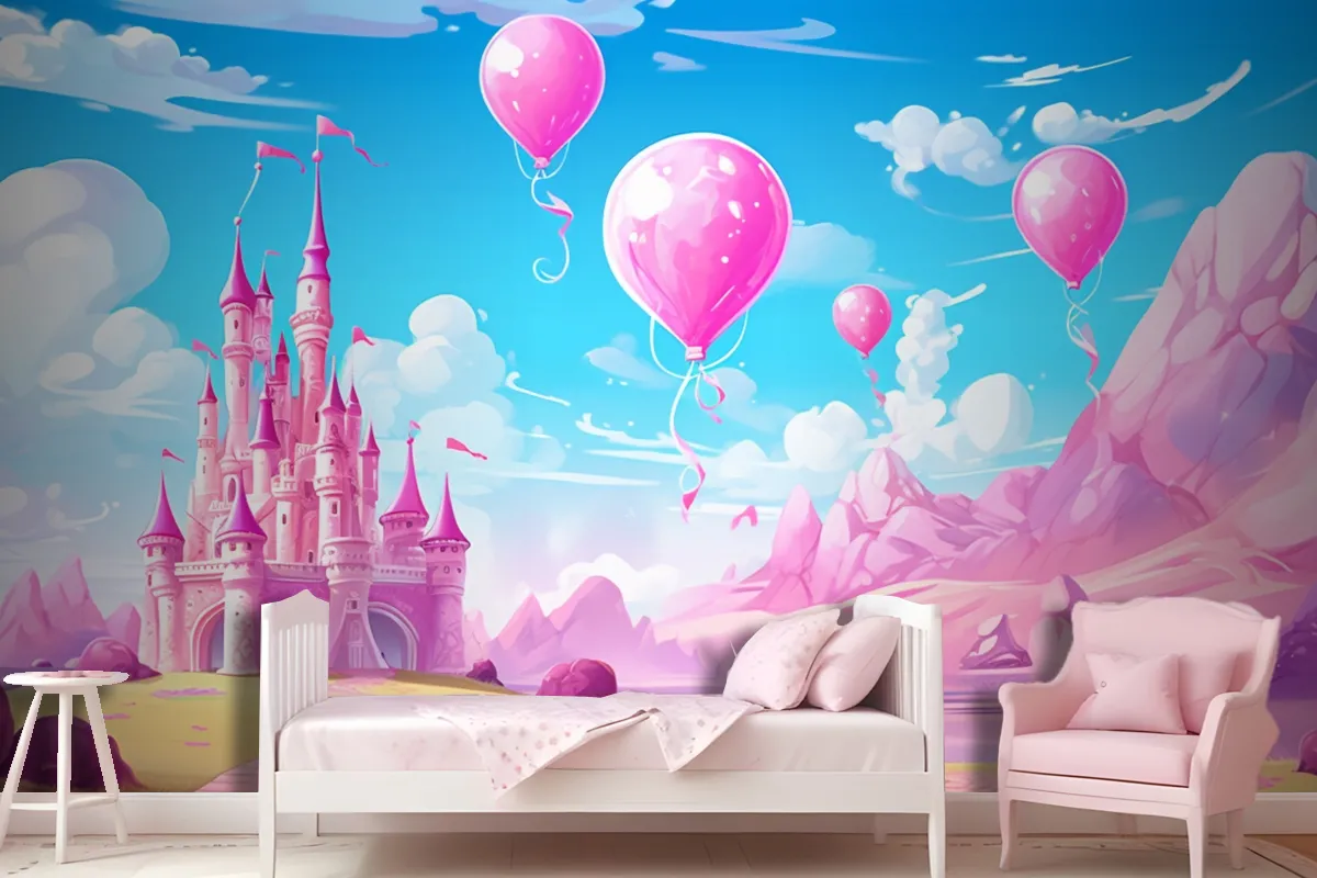 A Castle With Balloons And A Castle In The Background Wallpaper Mural