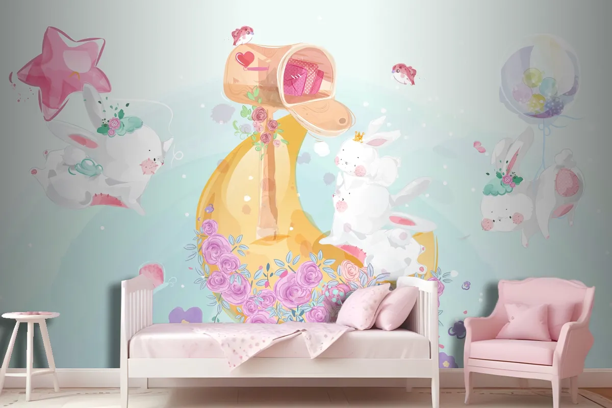 A Cute Little Rabbit In Colorful Watercolor Style Wallpaper Mural