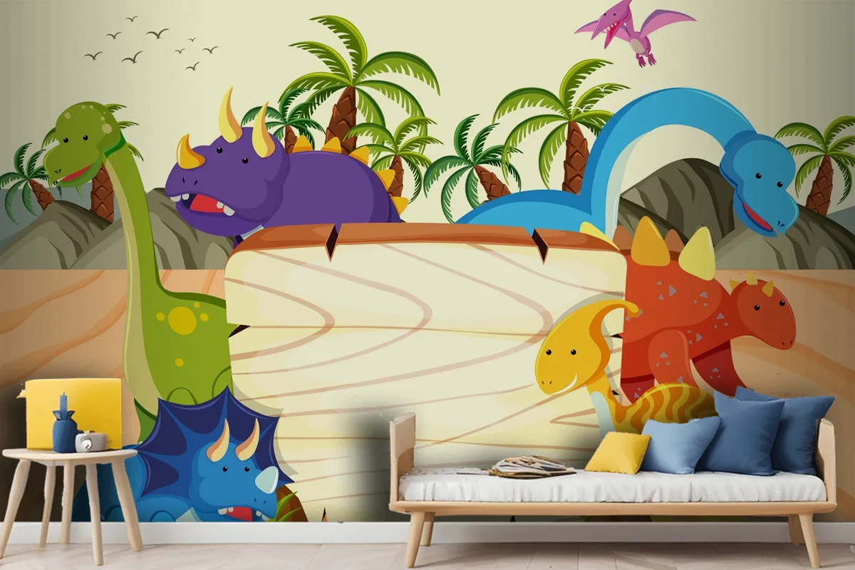 A Dinosaur Wooden Board Template Wallpaper Mural