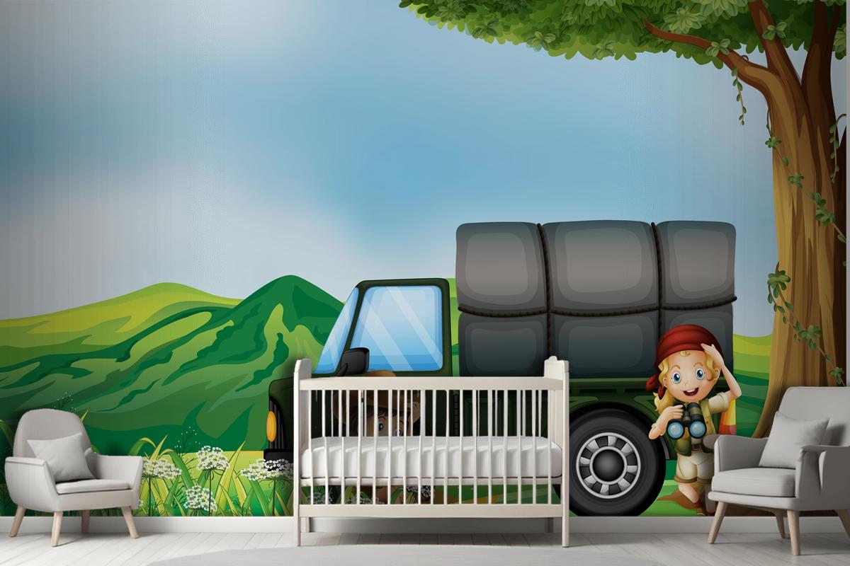 A Girl And A Boy Beside The Green Truck Wallpaper Mural