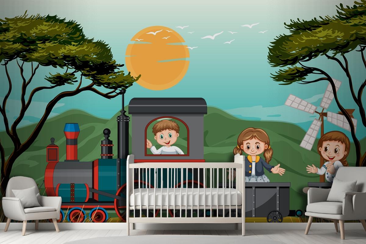 A Kids In A Train With Natural Scene Kids Wallpaper Mural