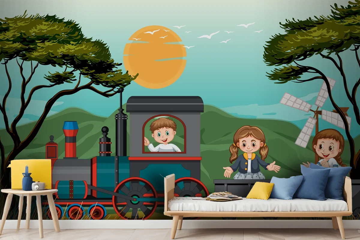 A Kids In A Train With Natural Scene Kids Wallpaper Mural