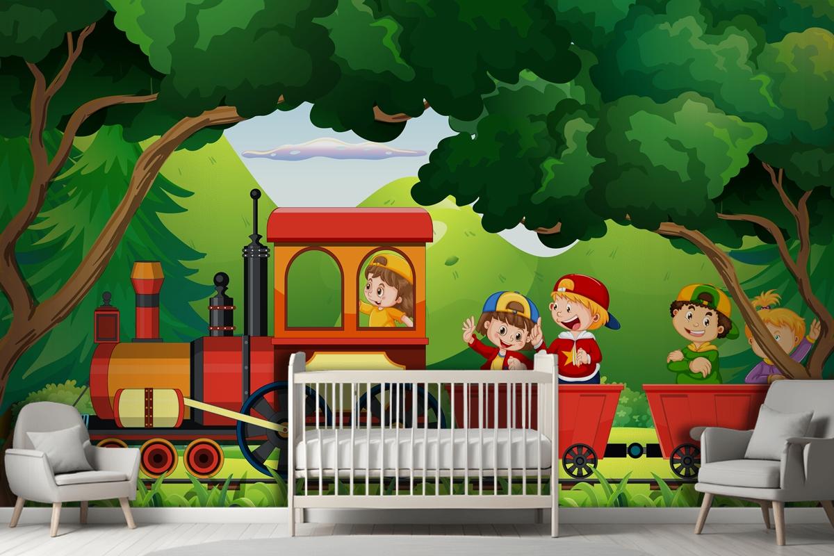 A Kids In A Train With Natural Scene Wallpaper Mural