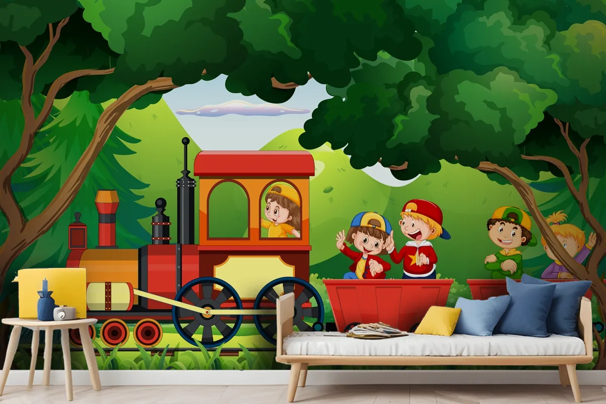 A Kids In A Train With Natural Scene Wallpaper Mural