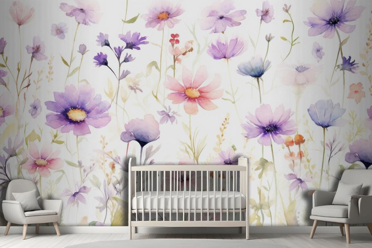 A Painting Of A Bunch Of Flowers On A White Background Wallpaper Mural