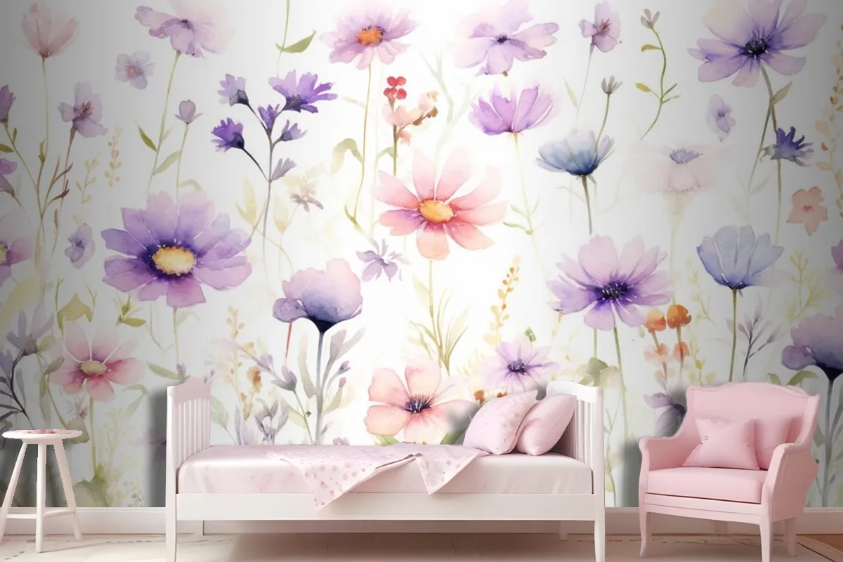 A Painting Of A Bunch Of Flowers On A White Background Wallpaper Mural