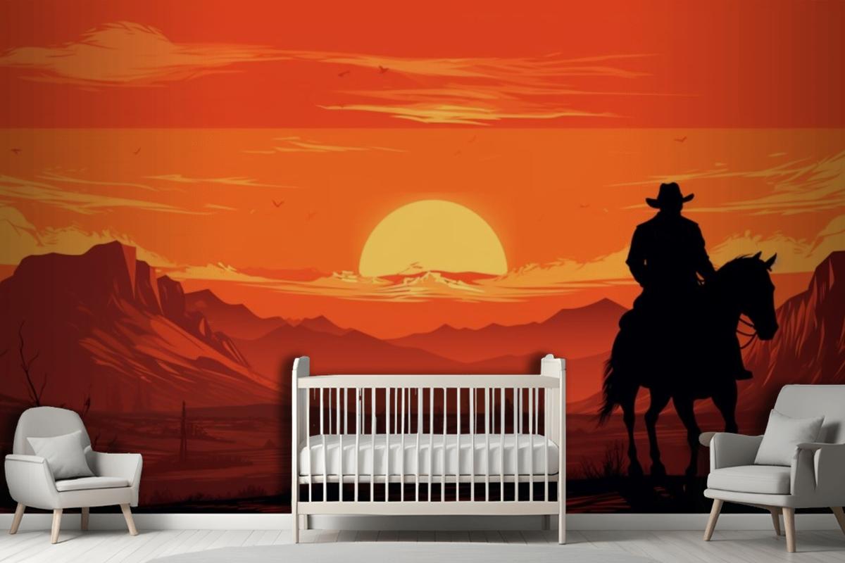 A Painting Of A Cowboy Riding A Horse In Front Of A Sunset Wallpaper Mural