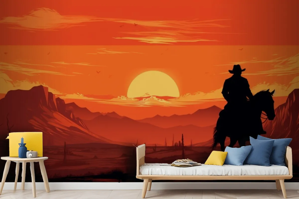 A Painting Of A Cowboy Riding A Horse In Front Of A Sunset Wallpaper Mural