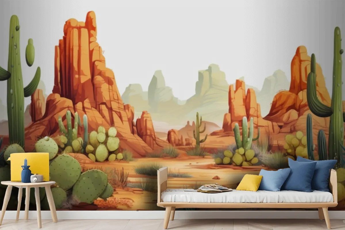 A Painting Of A Desert Landscape With Cactus And Desert Landscape Wallpaper Mural