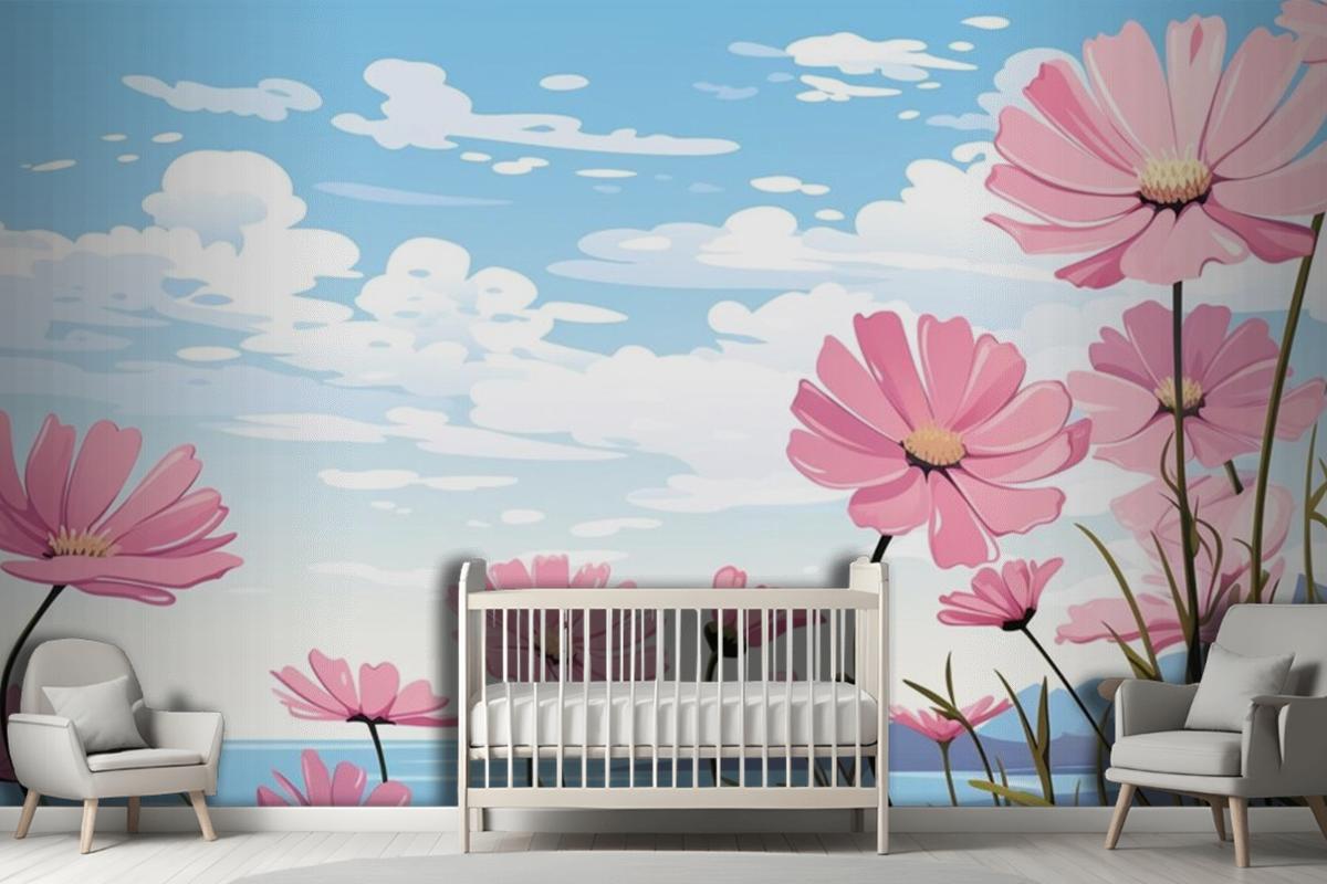 A Painting Of Pink Flowers In The Sky With The Words Daisies Wallpaper Mural