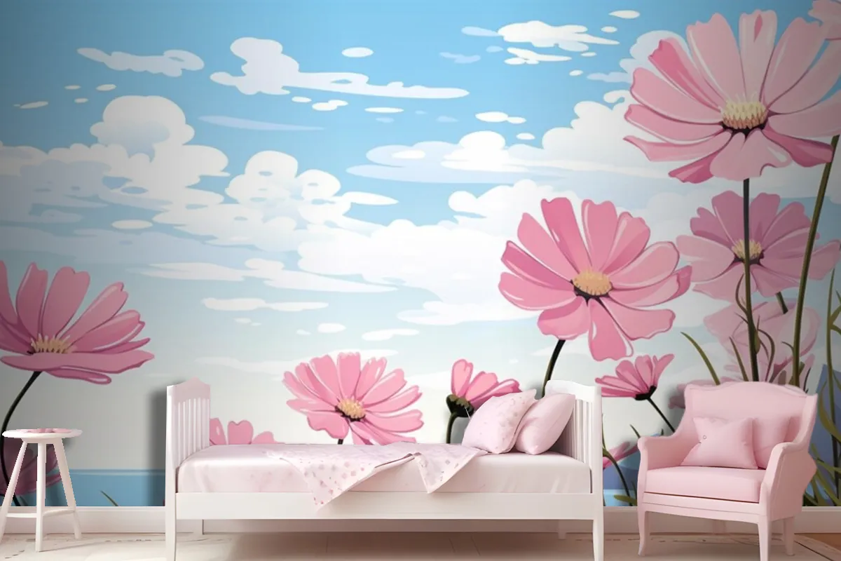 A Painting Of Pink Flowers In The Sky With The Words Daisies Wallpaper Mural