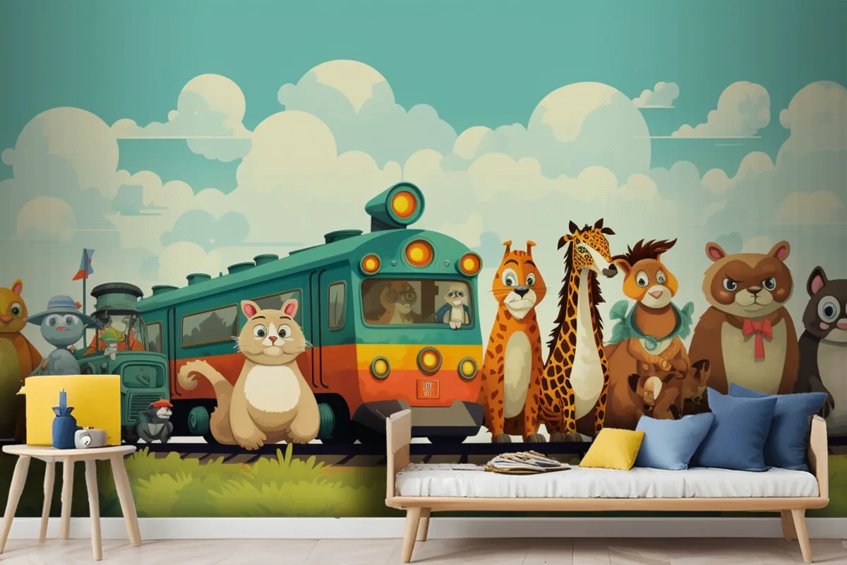 A Train With Animals On The Top And A Train With The Words Giraffes On The Front Wallpaper Mural