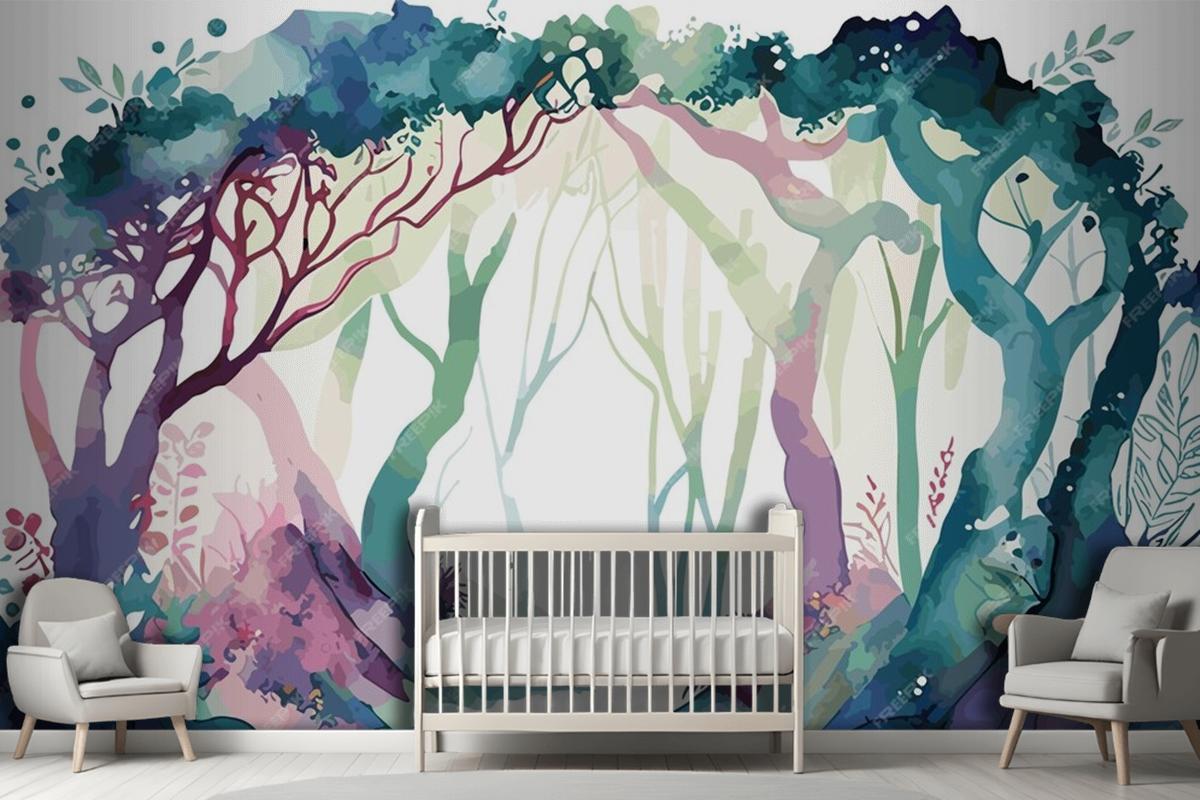 A Watercolor Painting Of A Forest With A Path Leading To It Wallpaper Mural