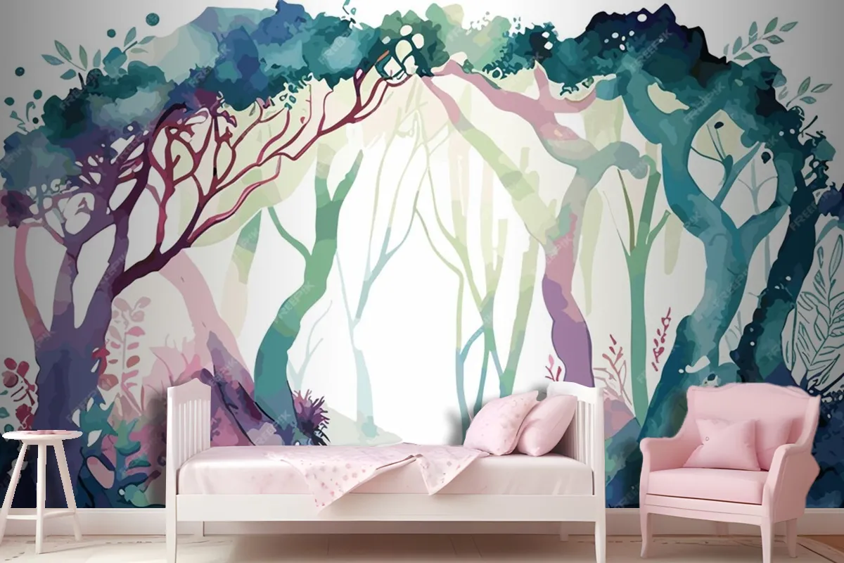 A Watercolor Painting Of A Forest With A Path Leading To It Wallpaper Mural