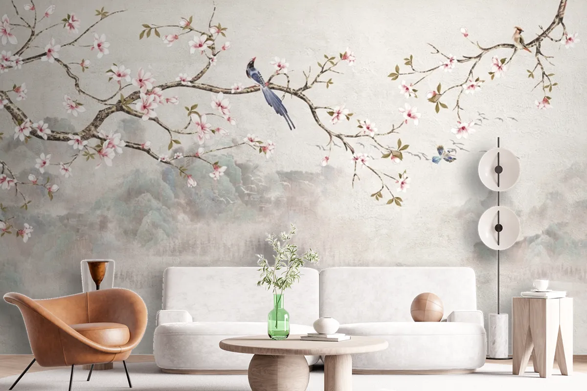 Chinoiserie With Cherry Blossom Flowers And Bird Wallpaper Mural