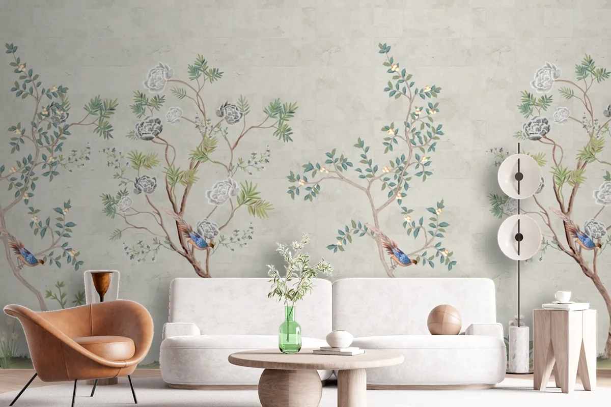 Spring Seamless Background Tree And Bird Chinoiserie Beautiful Wallpaper Mural