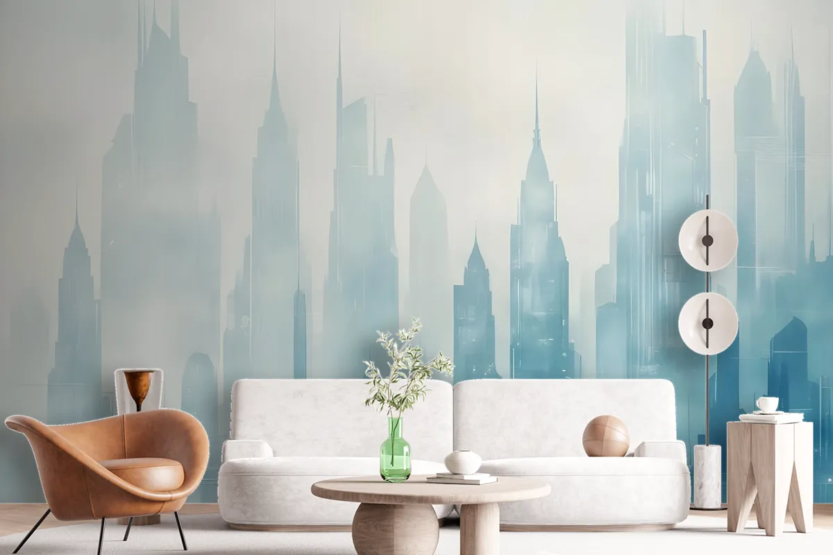 Abstract Blue Monochrome City Landscape Wallpaper Mural