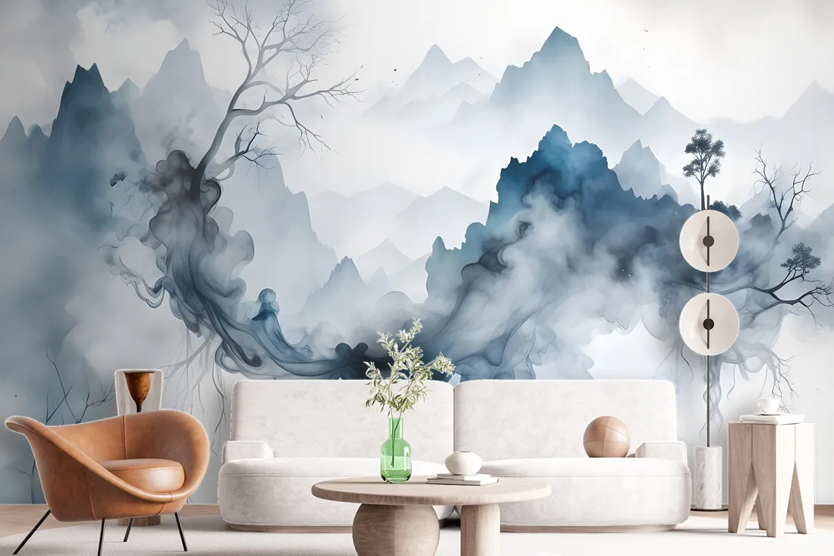 Abstract Colorful Smoke With Tree Wallpaper Mural