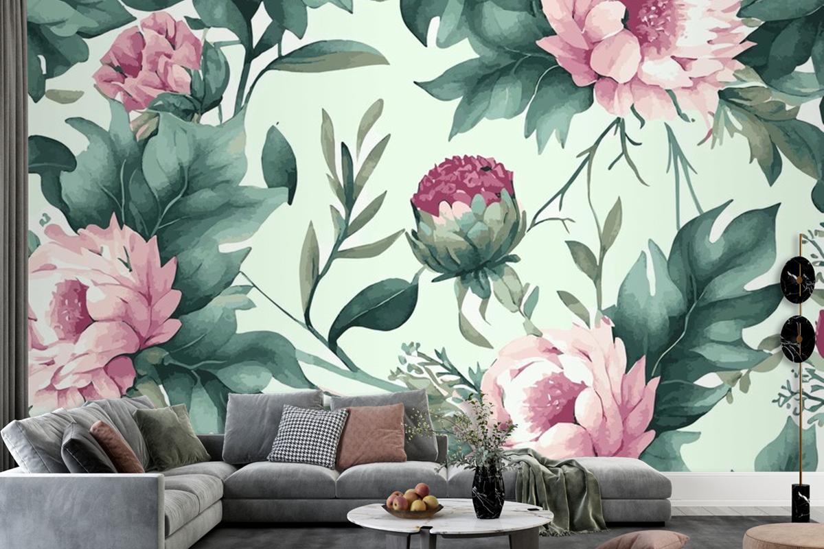 Abstract Floral Art  Botanical Watercolor Hand Drawn Flowers Wallpaper Mural