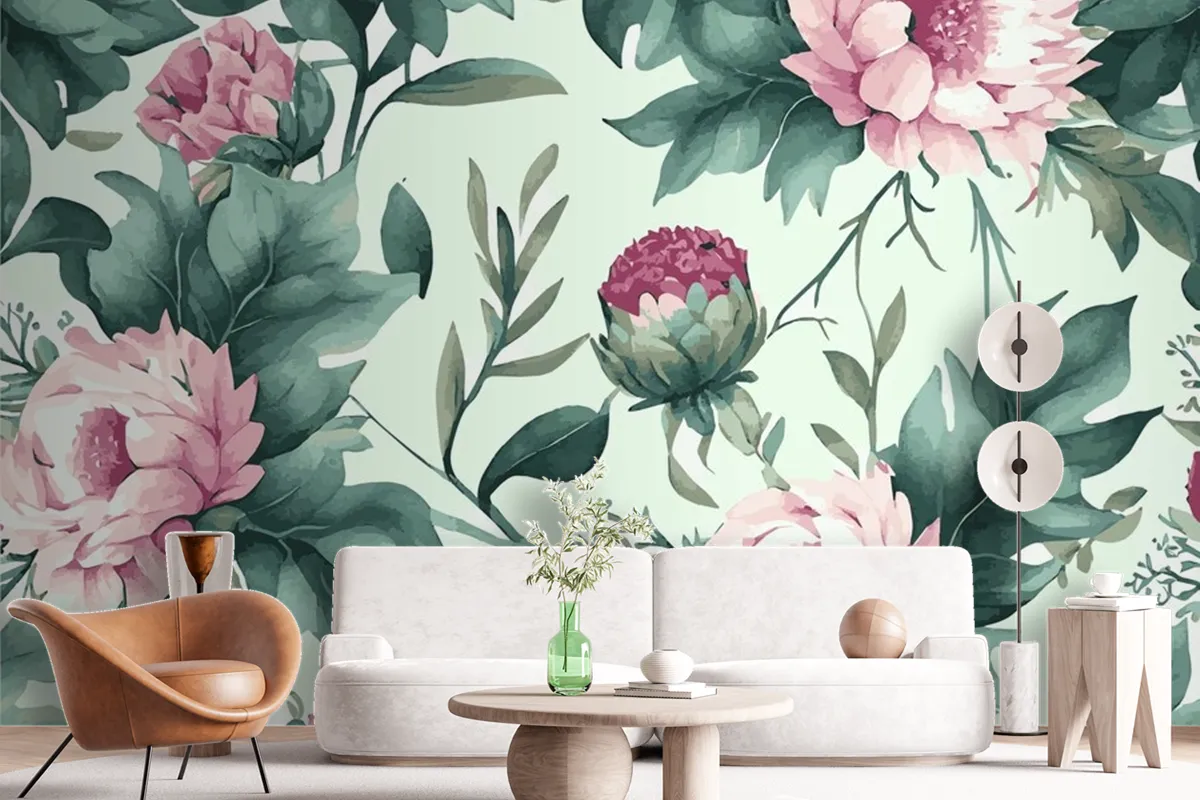 Abstract Floral Art  Botanical Watercolor Hand Drawn Flowers Wallpaper Mural