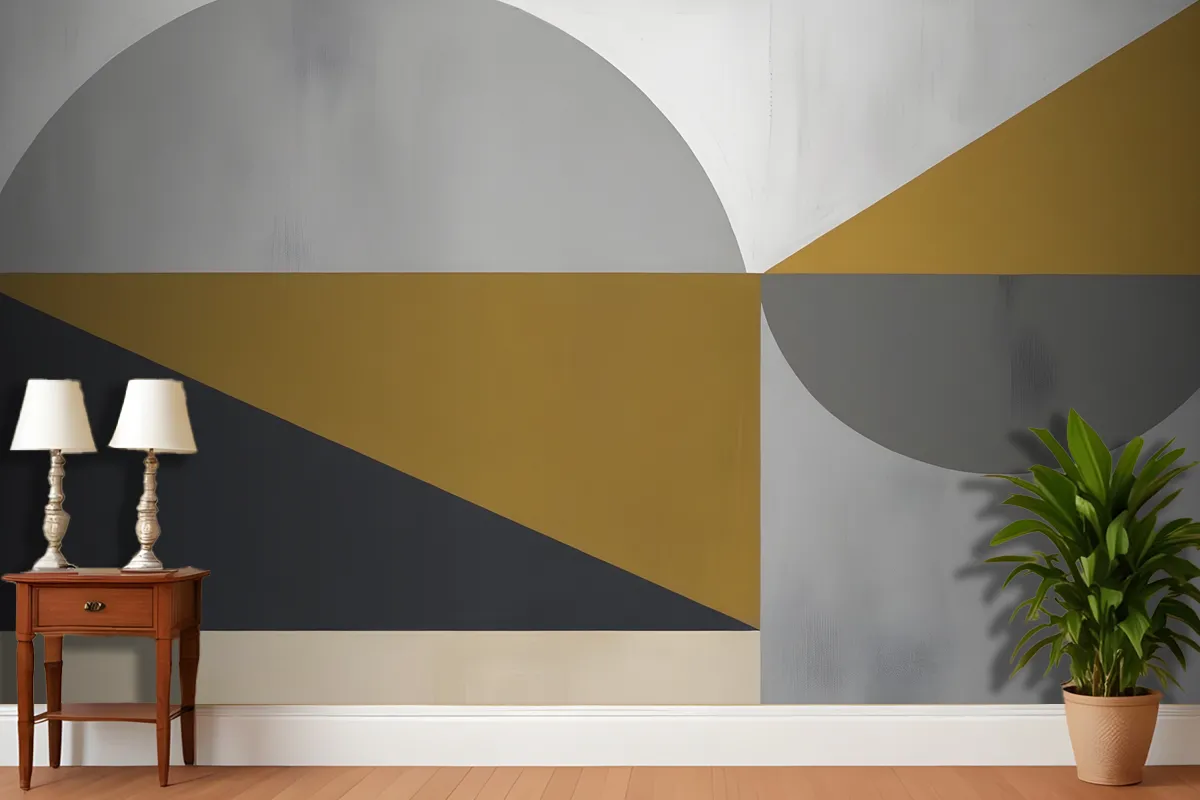 Abstract Geometric Shapes In Shades Of Gray Yellow And Black Wallpaper Mural
