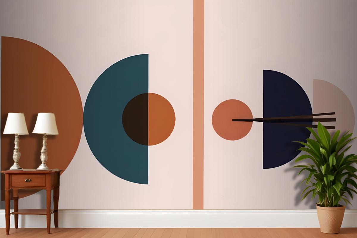 Abstract Geometric Shapes In Various Shades Of Blue Orange And Brown Against A Light Pink Wallpaper Mural