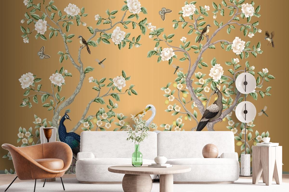 Chinoiserie Mural With Peacocks And Flowers Trees Wallpaper Mural