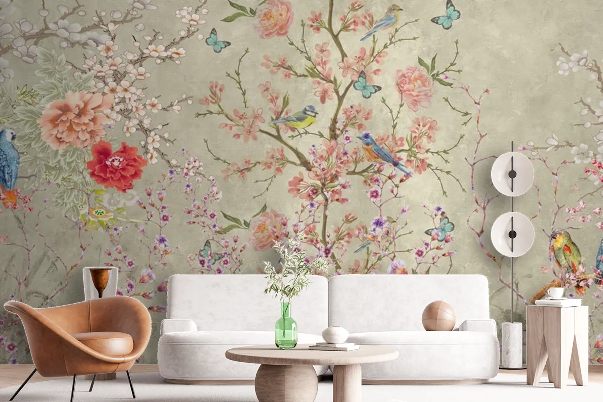 Whimsical Birds Blooms A Dance of Nature's Delicacy Wallpaper mural