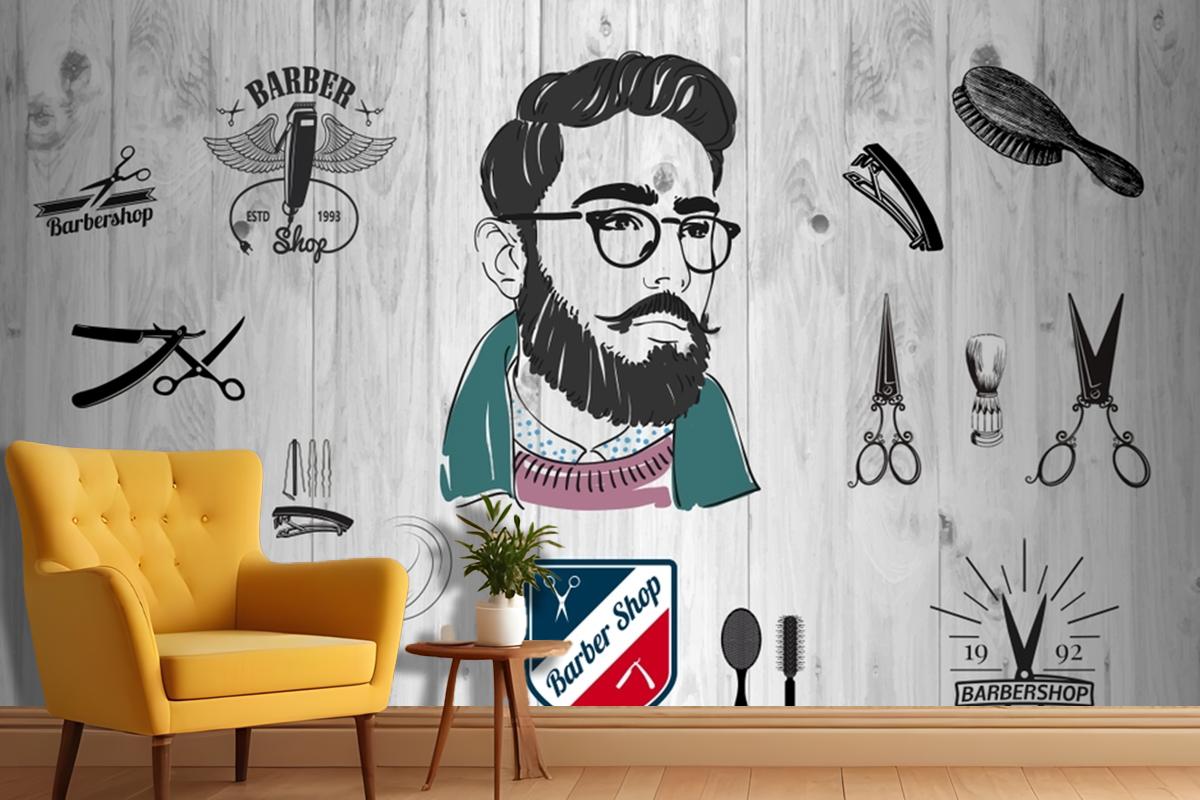 Ahşap Arka Plan Barber Shop Erkek Kuaför Duvar Kağıdı