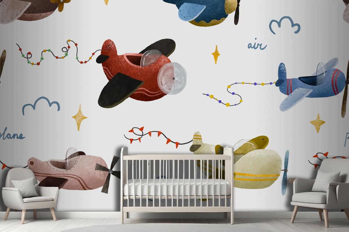 Aircraft And Clouds In Scandinavian Style Boy Wallpaper Mural