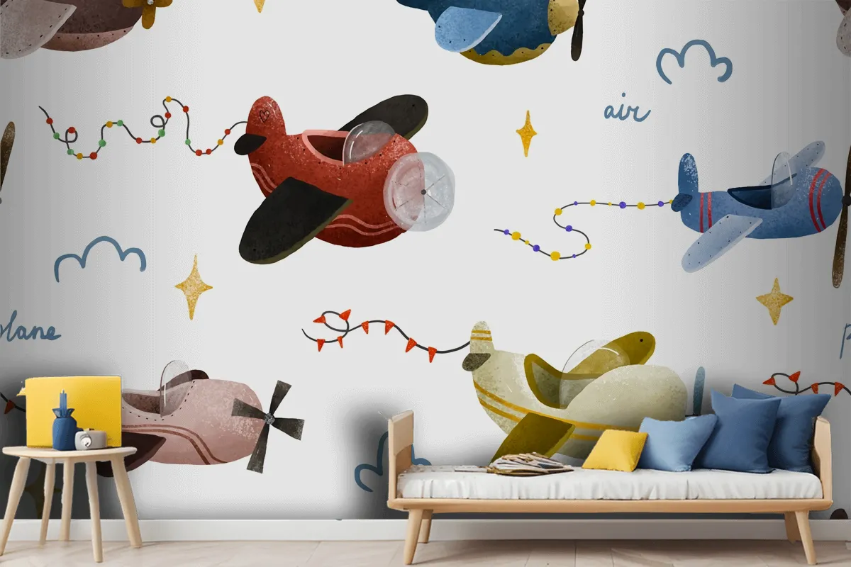 Aircraft And Clouds In Scandinavian Style Boy Wallpaper Mural