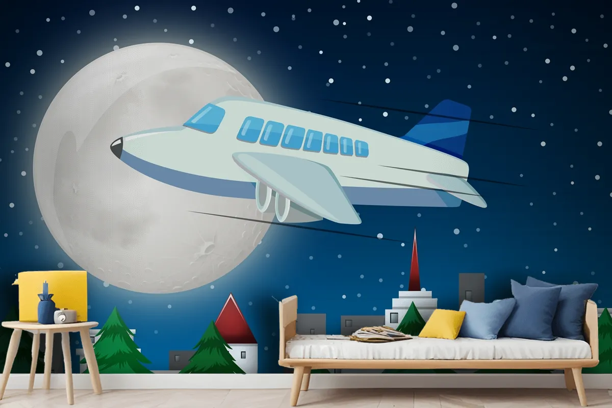 Airplane Flying Over Sky At Night Wallpaper Mural