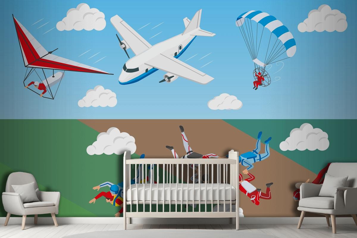 Airplane Hang Glider And Group Of People Skydiving In Sky Wallpaper Mural