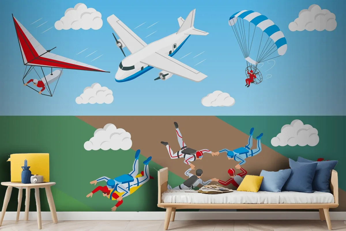 Airplane Hang Glider And Group Of People Skydiving In Sky Wallpaper Mural