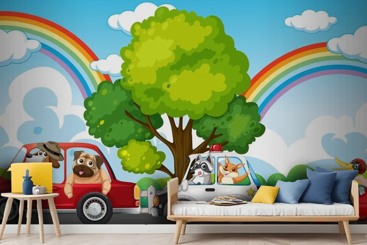 Animals Driving Different Cars Wallpaper Mural