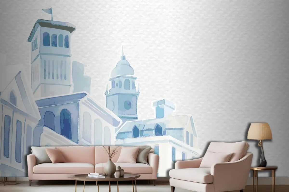 Architectural Mediterranean Buildings In Watercolor On White Paper Textured Living Room Wallpaper Mural