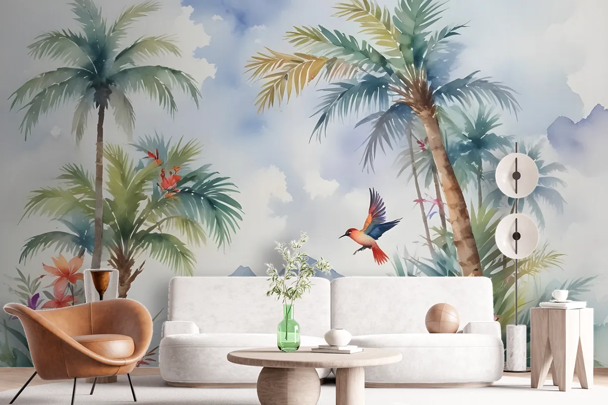 Art Painting Colorful Landscape With Birds Wallpaper Mural