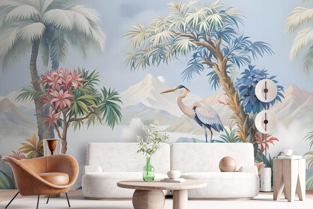 Art Painting Colorful Landscape With Heron Birds Wallpaper Mural