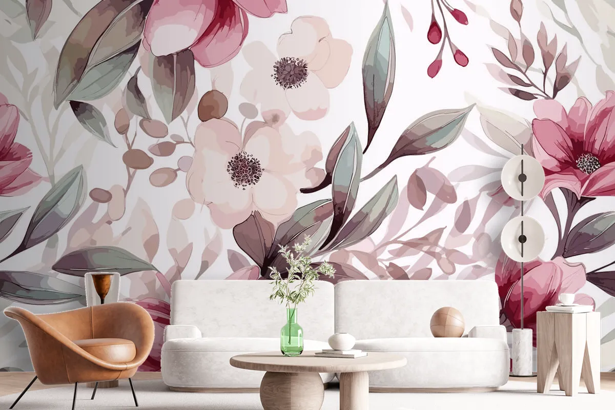 Artistic Hand Drawn Floral Ornament Pattern Wallpaper Mural