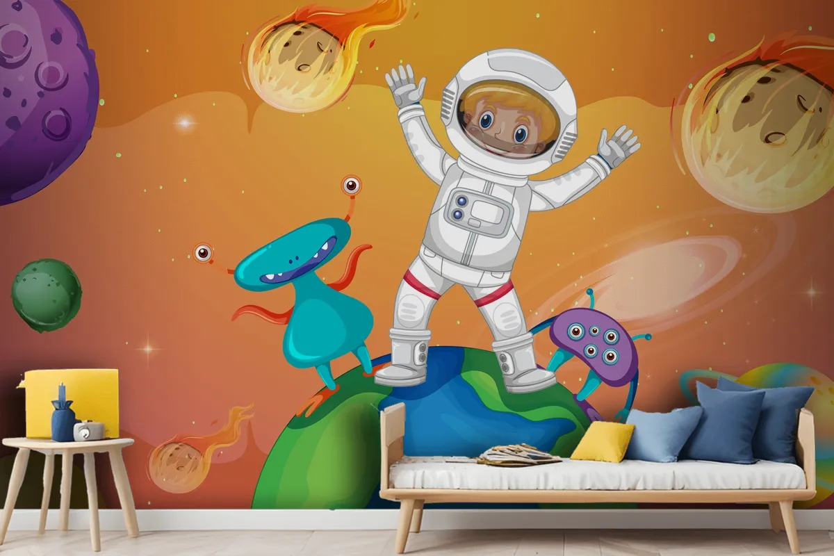 Astronaut Kid With Aliens Standing On The Earth In Space Scene Wallpaper Mural