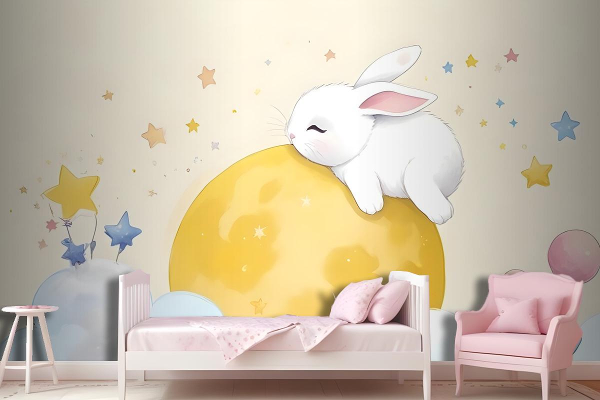 Baby Cartoon Rabbit And Yellow Moon Wallpaper Mural