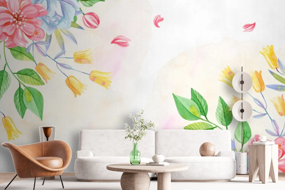 Background Pastel Colors Watercolor Flowers Wallpaper Mural