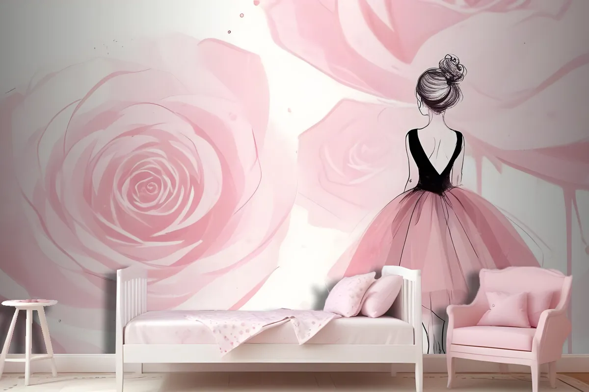 Ballerina Girl And Pink Roses Wallpaper Mural