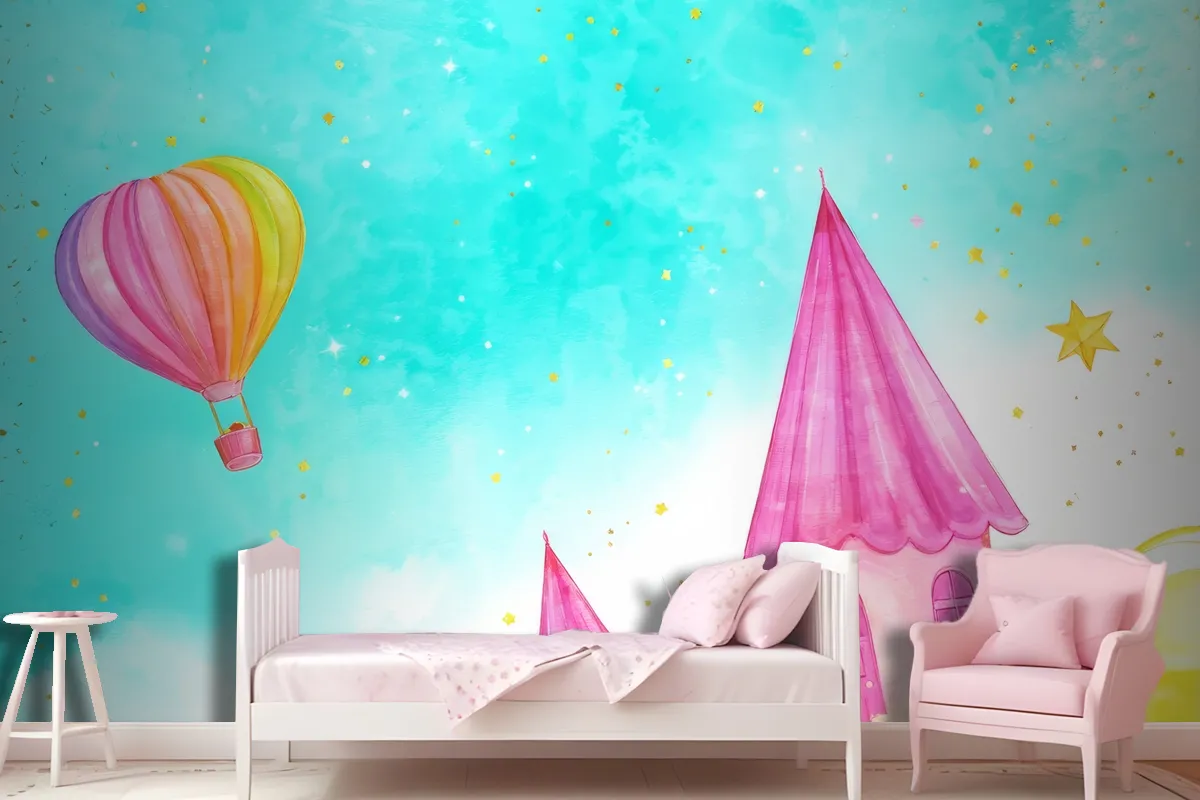 Balloon With A Flying Fairytale Watercolor Wallpaper Mural