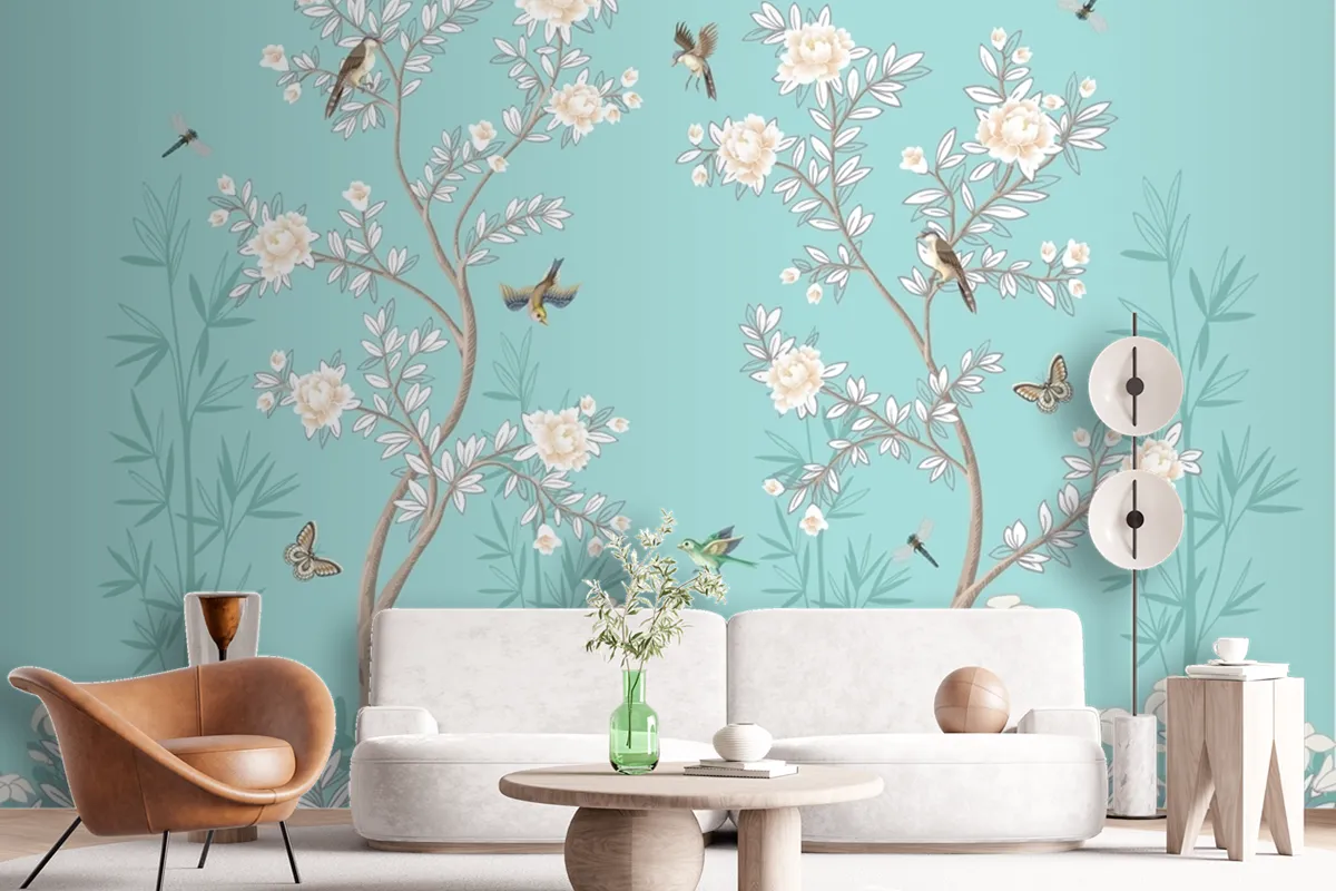 Chinoiserie Mural With Peonies And Birds Turquoise Wallpaper Mural