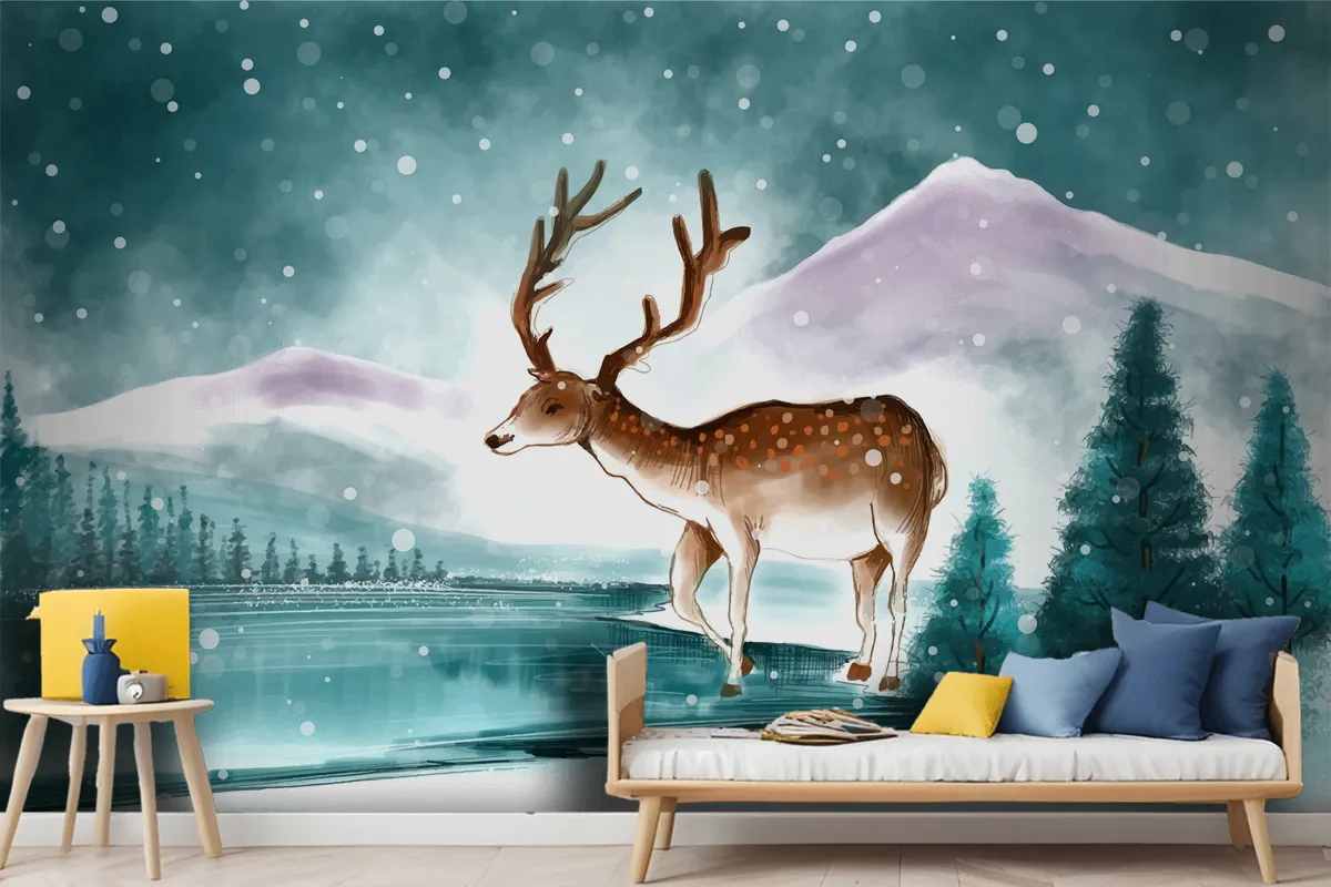 Beautiful Christmas Landscape In Winter With Christmas Deer Card Wallpaper Mural