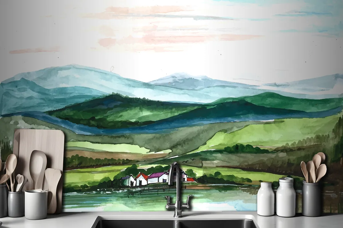 Beautiful Landscape Mountain Hand Draw Painting Wallpaper Mural