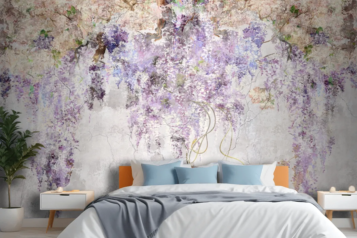 Beautiful Lilac Branches On The Concrete Grey Vintage Wallpaper Mural